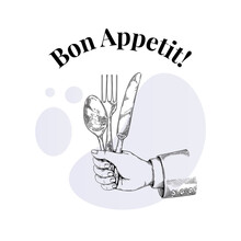 Hand With Vintage Cutlery. Fork And Knife In Arm. Man Eat Dinner Or Lunch By Spoon. Cooking Food Concept For Kitchen. Waiter Service. Bon Appetite. Silverware Sketch. Vector Illustration