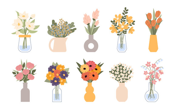 Wall Mural - Flower bouquet in vase. Bunch of plants, floral bloom garden, cute decoration glass bottle with meadow tulips and peony, colorful blossom gifts collection. Vector cartoon flat set