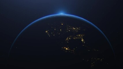 Wall Mural - Dawn, the sun rises behind the planet earth. Sunrise over the globe. Top view  from the space. Day to night transition, great for the news or climatic change concept. Spacescape background in 4k