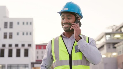 Canvas Print - Male engineer and architect overseeing successful development. Contractor and inspector talking on a phone call at a building site. Young manager consulting clients for a construction project outside