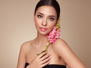 Wall Mural - portrait beautiful young woman with clean fresh skin. model with healthy skin, close up portrait. co