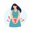A sad girl with abdominal pain is holding her stomach. Menstruation, cystitis and other diseases in gynecology.
