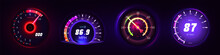 Car Glowing Speedometer, Odometer And Tachometer Measure For Auto Digital Dashboard Realistic Vector Isolated On Dark Background. Speed Counter, Neon Gauges With Arrow Or Pointer For Vehicle Panel.