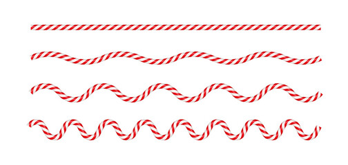 Christmas candy cane wave line with red and white striped. Xmas line with striped candy lollipop pattern. Christmas and new year element. Vector illustration isolated on white background.