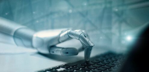 Poster -  Machine learning. Hand of robot touching on binary data. Futuristic Artificial intelligence (AI). Deep Learning. Brain representing. Algorithm and innovative. Neural Network. Big data visualization.