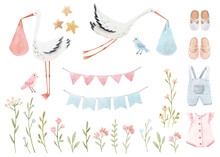 Beautiful Stock Clip Art Illustration Set With Hand Drawn Cute Stork Bird Carrying A Baby Girl For Birthday.
