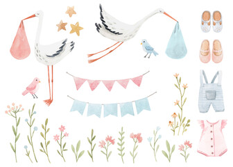 beautiful stock clip art illustration set with hand drawn cute stork bird carrying a baby girl for b