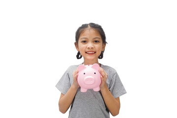 Wall Mural - A child girl with a pink piggy bank isolated on white background.