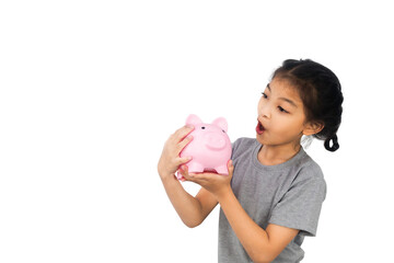 Wall Mural - A child girl with a pink piggy bank isolated on white background.