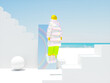 Avatar Smiley pose in virtual summer scene. Metaverse fashion concept. 3d rendering.