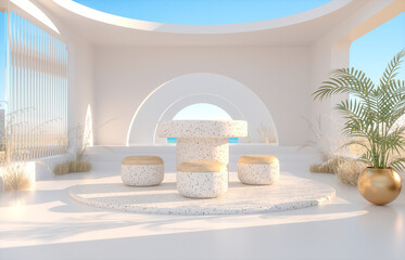 Fototapete - Abstract summer landscape scene with geometric form. ocean beach view. 3d rendering.