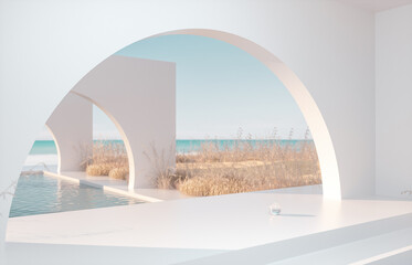 Aufkleber - Abstract summer landscape scene with geometric form. ocean beach view. 3d rendering.