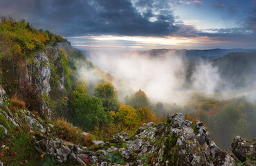 Wall Mural - beautiful autumn morning on the view point above the deep forest valley in carpathian, slovakia