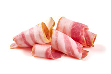 Smoked Bacon Slices, Isolated On White Background.