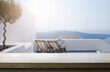 © Konstiantyn - Art Empty wooden table on blurred background of sunny seaside patio.