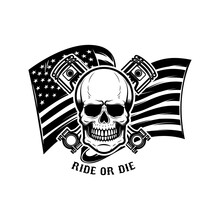 Illustration Of Skull With Crossed Pistons On American Flag Background. Design Element For Poster, Card, Banner, Sign, Emblem. Vector Illustration