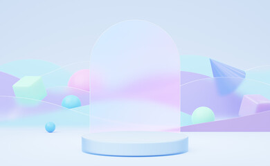 Wall Mural - Empty white glass cylinder podium on arch translucent glass, blue wave background. Abstract pastel minimal studio 3d geometric shape. Mockup space for display of product. Paper cut style. 3d render.