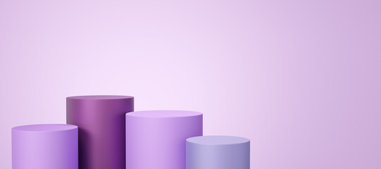 Wall Mural - 4 Empty magenta and purple cylinder podium floating on violet copy space background. 3d Pedestal mockup space for display of product design. Abstract minimal studio geometric shape object. 3d render