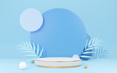 Wall Mural - 3D white cylinder podium mock up with palm leaf, gold border, circle on blue copy space background. Empty pedestal mockup space for display product. Abstract minimal studio geometric object. 3d render