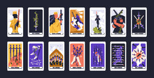 Suit Of Swords In Tarot Cards Deck. Modern Esoteric Minor Arcanas Designs Pack With Nobles. Occult Taro Ace, King, Knight, Queen, Two Through Ten Symbols. Isolated Colored Flat Vector Illustrations