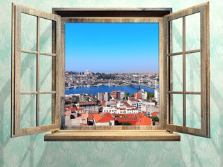 Wall Mural - View of Istanbul, Suleymaniye Mosque and Bosphorus through window. City view room