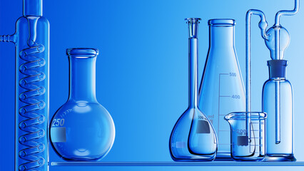 Wall Mural - glass chemistry lab equipment on blue background. chemistry lab concept. 3d