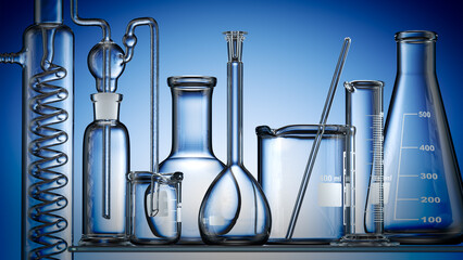 Wall Mural - glass chemistry lab equipment on blue background. chemistry lab concept. 3d
