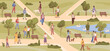 © Sensvector - People walk in park, man and woman walking on nature and spend leisure time. Vector urban park with happy adults, guy with dog, pond with swimming swans