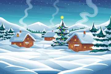 Wall Mural - Winter Christmas landscape vector background with snow covered hills, houses, fir forest. Xmas and New Year holidays illustration. Decorated christmas tree and country cottage, smoke from chimney