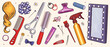 © AM_art - Sketches hairdressing salon objects set. Vector illustration of hairbrush, mirror, scissors and hair accessories