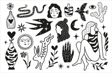 Vector Isolated Clip Art Tattoo Bundle, Trendy Aesthetics Objects Mystical Snake, Women, Plants, Animals, Flowers And Vases. Sticker Pack Set, Black White Apparel Print Design Collection With Stars