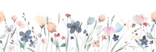 Summer Meadow. Cute Watercolor Flowers Horizontal Border Isolated On White Background. Illustration For Card, Border, Banner Or Your Other Design. Seamless Pattern.