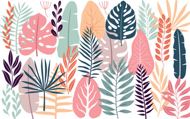 Poster - Jungle leaves, plants, floral elements. Cute hand drawn style.