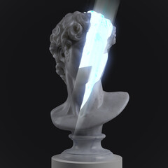 Wall Mural - Abstract digital illustration from 3D rendering of a classical white marble head bust with face stricken by a glowing white lighting bolt and isolated on background.