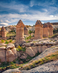 Wall Mural - Vertical view of strange shapes of sandstone canyon, Goreme village location. Nice morning scene of , Cappadocia, Turkey, Asia. Beauty of nature concept background..