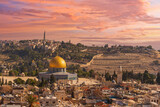 Fototapeta  - Sunset view of Jerusalem dominated by golden cupola of the Dome of the Rock