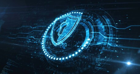 Cyber security, network protection and digital data with shield symbol digital concept. Network, cyber technology and computer background abstract 3d animation. Seamless and loopable.