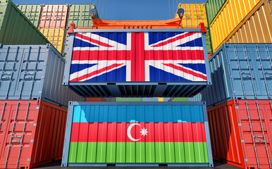 Cargo containers with United Kingdom and Azerbaijan national flags. 3D Rendering