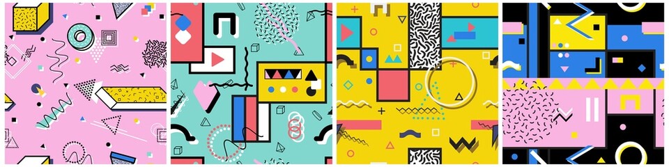 Set of vector seamless colorful abstract patterns with creative geometric shapes. Bright trendy design, fashion retro style 80 - 90s. Artistic fun backgrounds