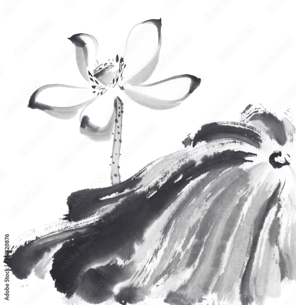 蓮の花 水墨画 円形 【公式通販】