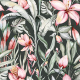 Fototapeta Kwiaty - Tropical watercolor birds hummingbird, monkey and jaguar, exotic jungle plants palm banana leaves flowers, flamingo pastel color seamless pattern fabric background