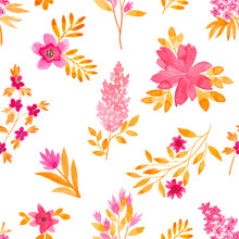 Floral Watercolor Pink And Orange Pattern For Wrapping Paper Design, Invitations, Banner Creation, Booklet And Advertising. Beautiful Seamless Pattern With Flowering Plants