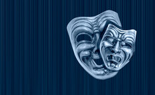 Comedy And Tragedy Theatrical Venetian Mask With Blue Theater Curtain