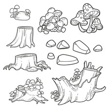 Set For Decoration Hemp, Mushrooms, Stones, Moss Outlined For Coloring Page Isolated On White Background
