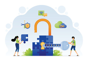 Illustration of people trying to solve the puzzle of security problems with data security and encryption technology. Design can be for landing page website poster banner mobile apps web social media