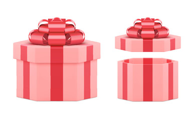 Pink open and closed festive polygon gift box with red bow ribbon anb bow 3d vector illustration