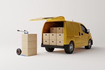 Canvas Print - Commercial delivery yellow van with cardboard boxes on white background. Delivery order service company transportation box business background with van truck. 3d rendering, 3d illustration.