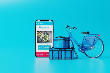 Sticker - A bicycle, food bags and a phone with an application for ordering food. Concept of delivering food and ordering food online. 3D rendering, 3D illustration.