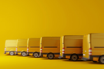 Canvas Print - Several van delivery vans on a yellow background. Concept of delivering products, courier work, rental of vans. 3d render, 3d illustration.