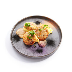 Wall Mural - Fishcakes with garden cress side view